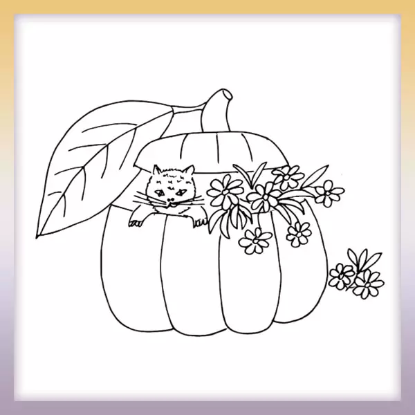 Kitten in a pumpkin - Online coloring page