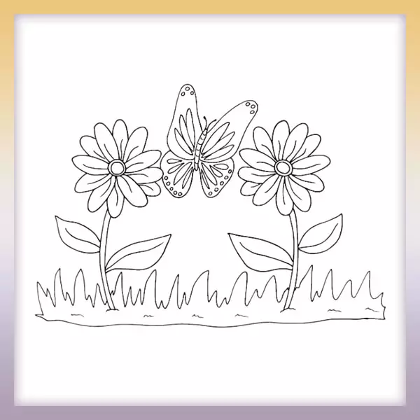 Butterfly near flowers - Online coloring page