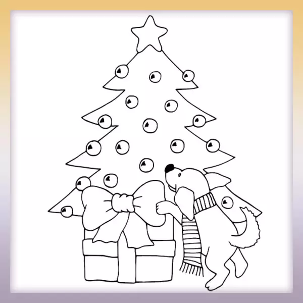 Dog by the Christmas tree - Online coloring page