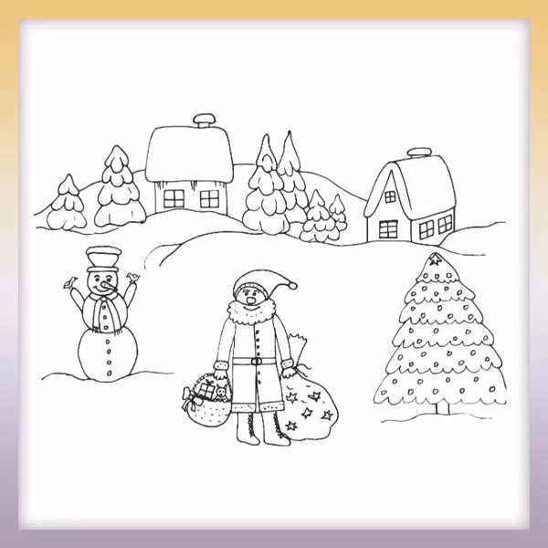 Santa and winter landscape - Online coloring page
