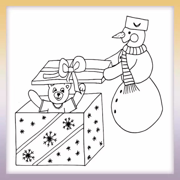 Snowman and teddy bear in a gift - Online coloring page