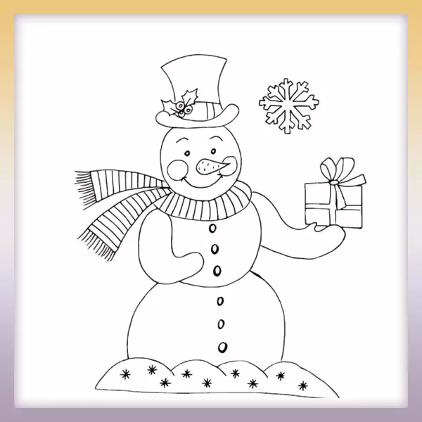 Snowman with a gift - Online coloring page