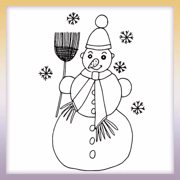 Snowman with broom and flakes - Online coloring page