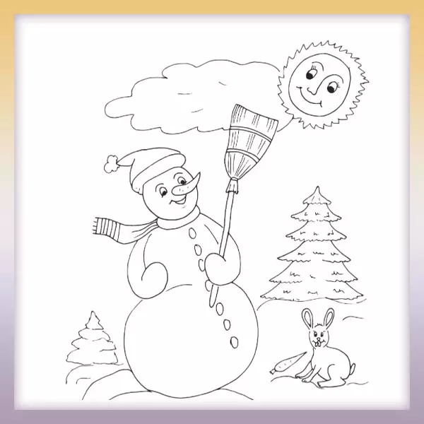 Snowman with a broom and a bunny - Online coloring page