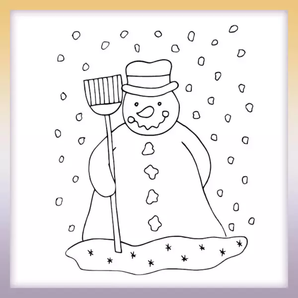 Snowman in a hat with a broom - Online coloring page