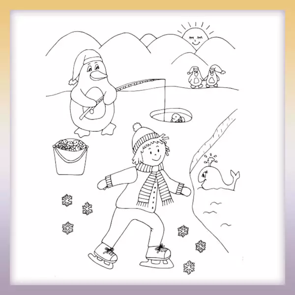 Penguin and boy on skates - Online coloring page