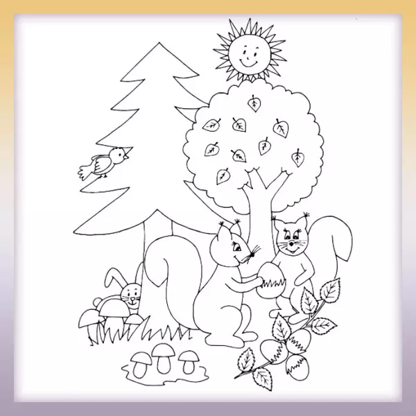 Squirrels by the tree - Online coloring page