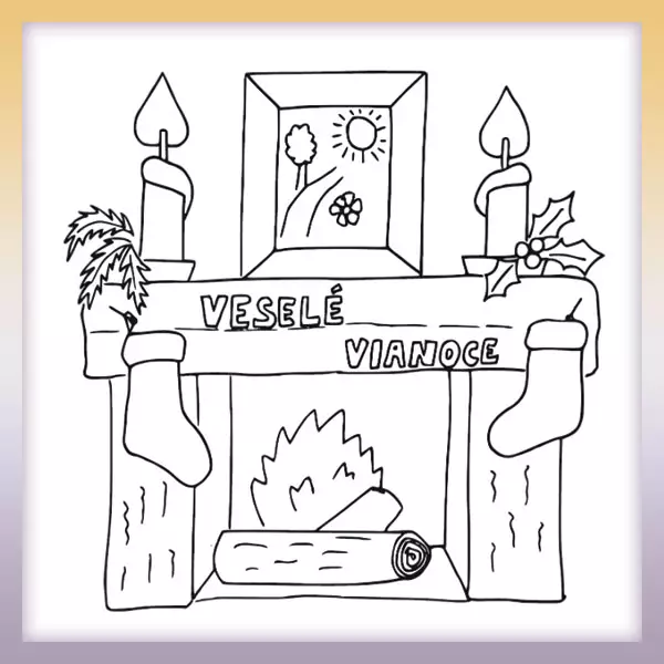 Christmas fireplace with candles - Online coloring page