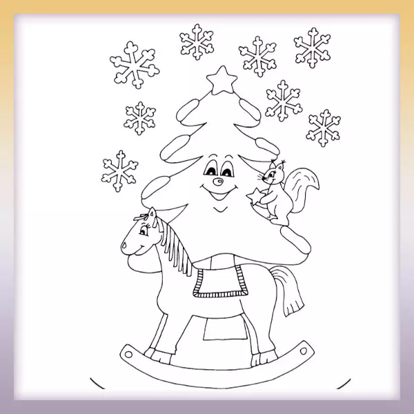 Christmas tree and horse - Online coloring page