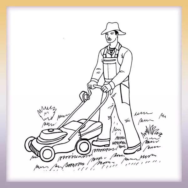 Gardener with mower - Online coloring page