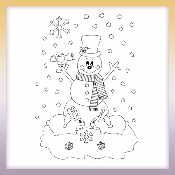 Bunnies with a snowman - Online coloring page