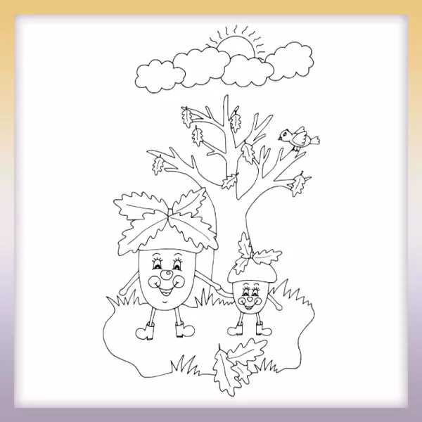 Acorns under a tree - Online coloring page